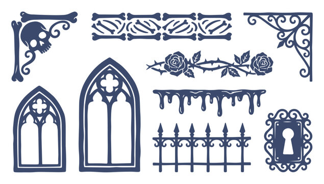 Gothic Halloween Decorative Elements Set Featuring Skull Borders Roses and Ornate Window Frames