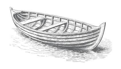 Wooden rowboat illustrated in vintage engraving style. © Creative09
