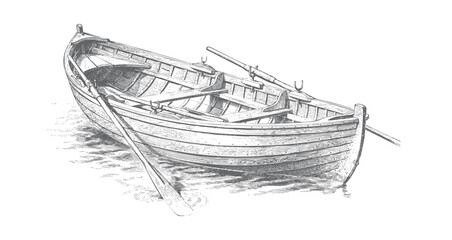 Classic traditional rowing boat illustrated in antique maritime engraving style. © Creative09