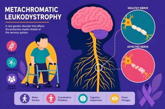 Metachromatic Leukodystrophy Disease Symptoms and Myelin Nerve Degradation Diagram