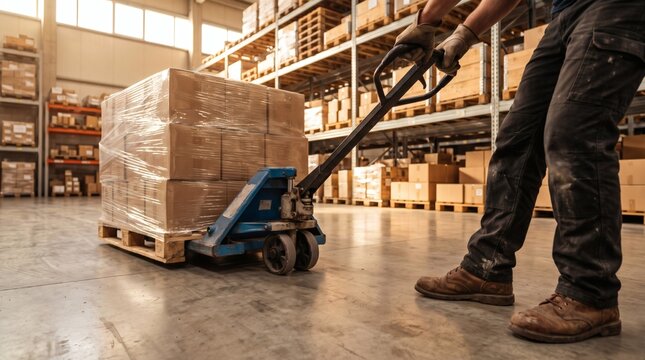 A low-angle shot captures a person in work attire and gloves operating a blue pallet jack, moving a stack of shrink-wrapped boxes on a wooden pallet across a concrete floor in a brightly lit warehouse