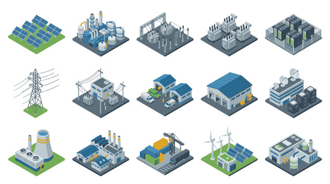 Isometric Industrial Buildings and Energy Infrastructure Set.