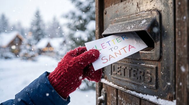 Hand in a red mitten mailing a letter to Santa into a rustic mailbox in a snowy winter festive landscape.