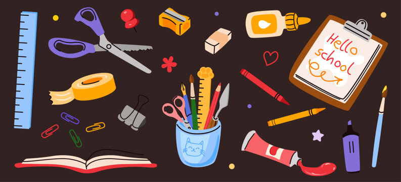 Stationery set with pencils, scissors, ruler, notebook and school supplies. Colorful flat vector illustration isolated on dark background