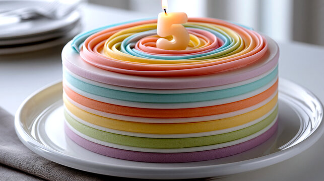 A colorful birthday cake with a "5" candle is displayed on a white plate with stacked plates in the background.