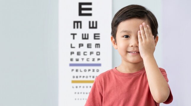 Pediatric Ophthalmology. Asian Boy Covering One Eye During Visual Acuity Test with Eye Chart