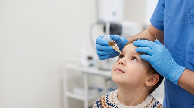 Pediatric Ophthalmology. Eye Doctor Instilling Dilating Drops into a Young Boy's Eye Before Examination