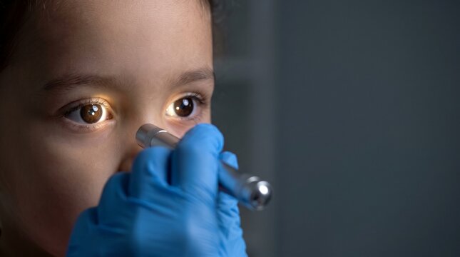 Pediatric ophthalmology. Close-up of a child undergoing a pupillary light reflex examination with a diagnostic penlight