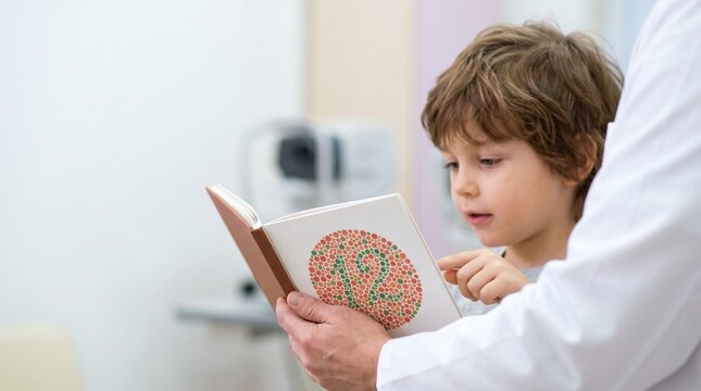 Pediatric ophthalmology. Young boy identifying a number on an Ishihara plate during a color vision test in an eye clinic
