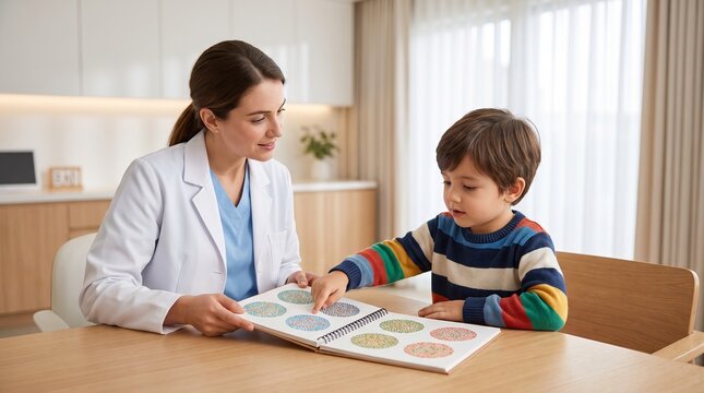 Pediatric Ophthalmology. Eye Doctor Testing a Young Boy for Color Blindness with Ishihara Plates
