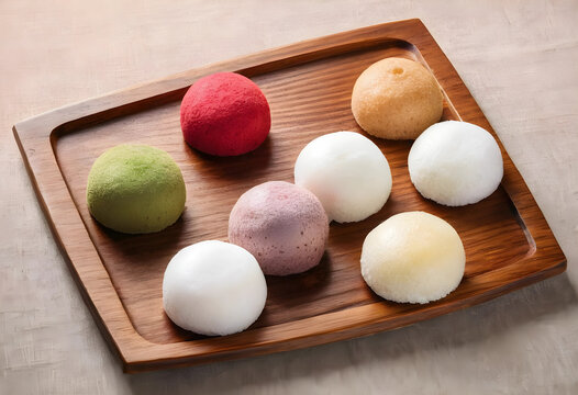 Assortment of colorful mochi rice cakes on a wooden serving tray, traditional japanese dessert with various flavors