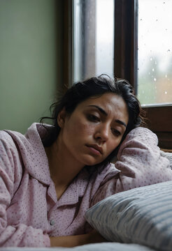 Young woman with tearful eyes and sad expression resting head on pillow by window on a rainy day, mental health, the indoor setting conveys feelings of loneliness and isolation