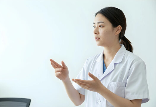 Young asian female doctor or medical professional in a white lab coat explaining or presenting with hand gestures