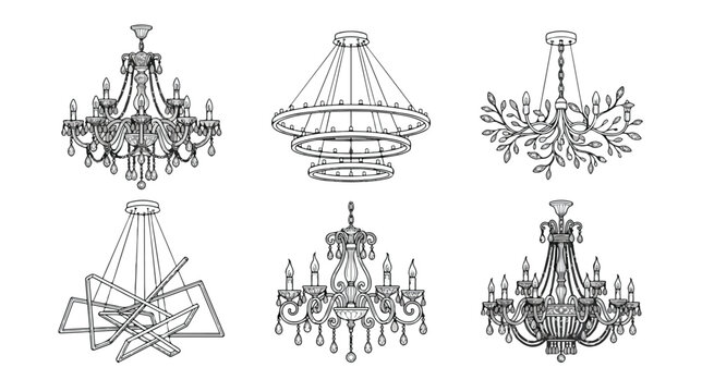 Vintage chandelier set with 6 vector icons, elegant ceiling lamp sketches, luxury hanging light fixtures for interior design and home decor