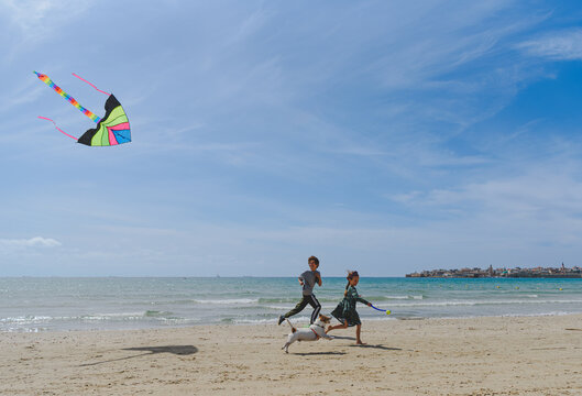 Dog pulling a kite while children run along beach during outdoor adventure