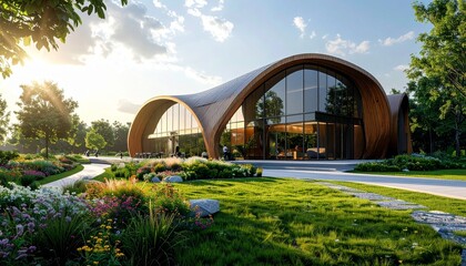 Fototapeta premium Architectural Marvel - A Modern Building Blending with Natures Beauty.