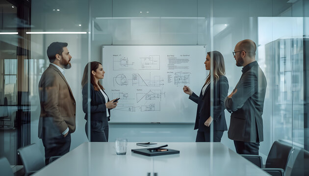 Business Team Discussing Strategy at Glass Whiteboard