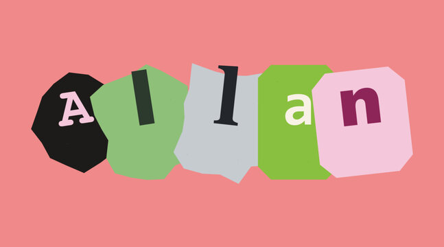 The name allan written with colorful ransom note style paper letters on a soft pink background