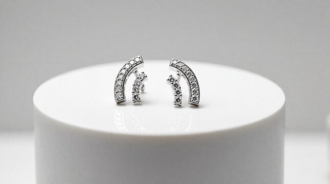 Pair of modern silver earrings with small sparkling diamonds shaped as arch curves. Delicate luxury accessories rest on white round podium. Minimalist jewelry design features clear gemstones for
