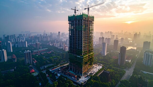 Skyscraper under construction dominates the city skyline at sunrise.