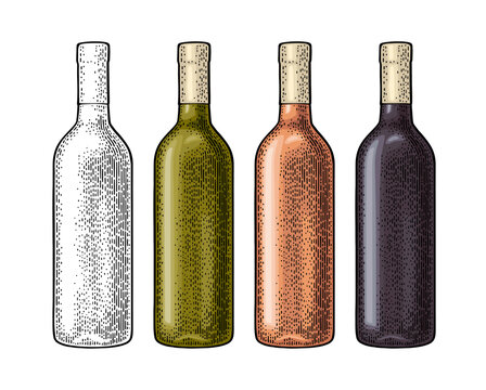 White, rose, red wine in green, transparent, dark glass bottle. Vintage color engraving vector illustration isolated on white background. Hand drawn design element