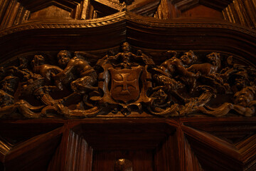 Classic historic building carved dark oak wood door with antique bronze handle close up.  © Yar
