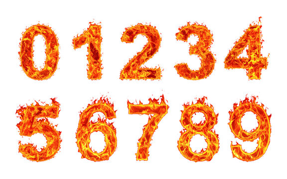 Fire numbers set featuring burning digits zero through nine with bright orange flames isolated on a plain white transparent background