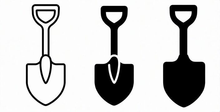 Black, white shovel icons set. Collection of outline, solid spade shapes for graphic design. Simple symbols of garden digging tool. Construction equipment sign isolated on white background.