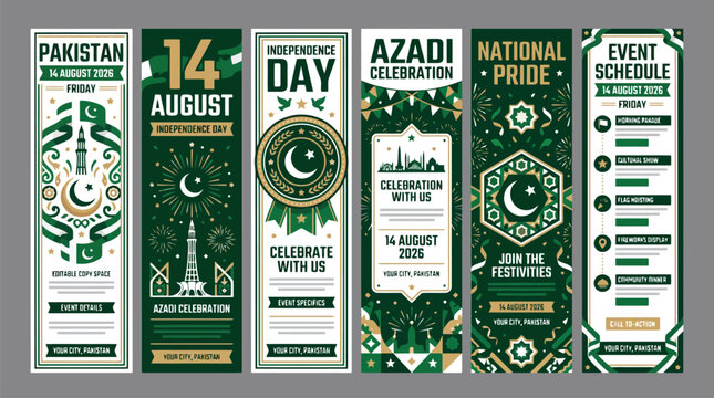 Pakistan Independence Day vertical banner set, 14 August Azadi celebration posters, green and gold national pride event flyers with 6 vector templates