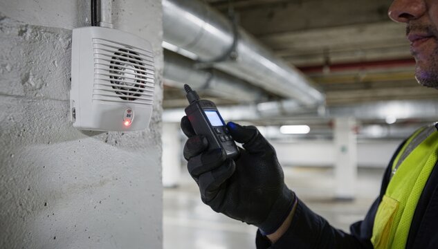 Closeup of a maintenance worker testing carbon monoxide sensor sensitivity main sensor sharply focused with blurred parking garage ducts behind.