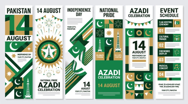 Pakistan Independence Day vertical banners, 14 August Azadi celebration posters with national flag colors, 6 vector layouts for event schedules