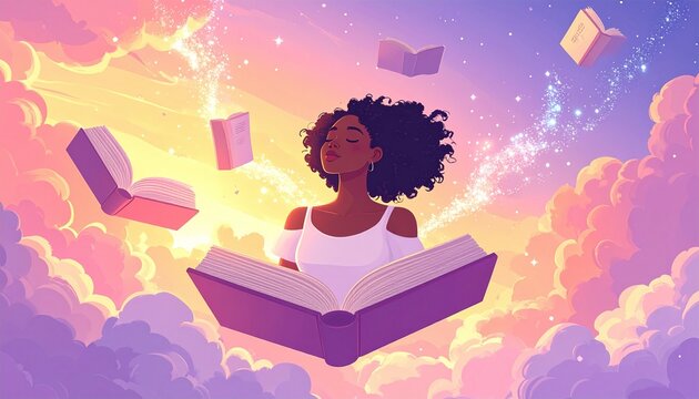 A serene Black woman floating in a magical pastel cloud sky filled with flying books and sparkling stardust, evoking peaceful imagination, wonder, and the inspiring magic of reading.