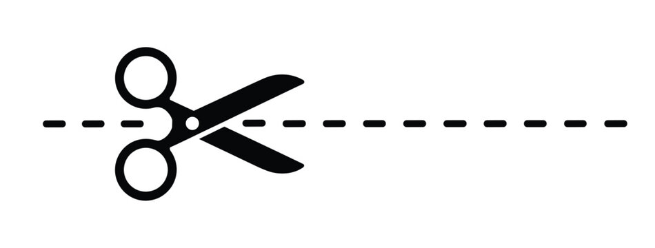 Scissors Cutting Dashed Line. A simple, graphic illustration depicting a pair of scissors cutting a dashed line, symbolizing division, separation, or the act of cutting.