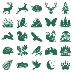 Fototapeta premium Collection of forest and mountain icons with wildlife silhouettes for outdoor adventure or camping designs