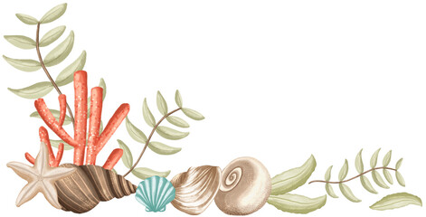 Tropical Coral Leaves Nautical Border for Baby Invitation © Jundelly Atelier