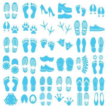 Collection of various footprint icons including shoes human feet and animal tracks in simple style