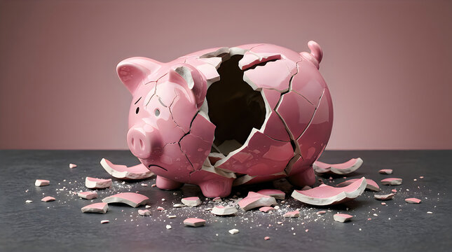 Shattered pink ceramic piggy bank on dark textured surface with financial investment bankruptcy