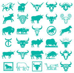 Obraz premium Comprehensive collection of cattle icons showcasing various bull and cow silhouettes for agricultural design projects