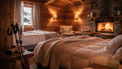 Obraz premium Multibed family suite with soft blankets foregrounded blurred ski poles stacked nearby and a glowing hearth creating warm apresski ambiance.