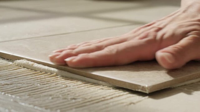 Hand pressing a ceramic tile onto mortar for flooring installation