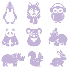 Fototapeta premium Cute wild animals wearing winter accessories like scarves and hats in simple vector icon style