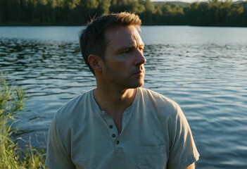 Fototapeta premium Thoughtful man looking away by a tranquil lake at sunset, contemplating nature and solitude outdoors