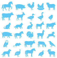 Fototapeta premium Grid of various farm animal and wildlife silhouettes displayed in simple flat blue icon style