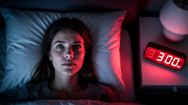 Young woman lies awake in bed at home during night. Person suffers from insomnia, sleep disorder staring at ceiling. Red digital clock shows three time. Tired female feels anxiety, stress in dark