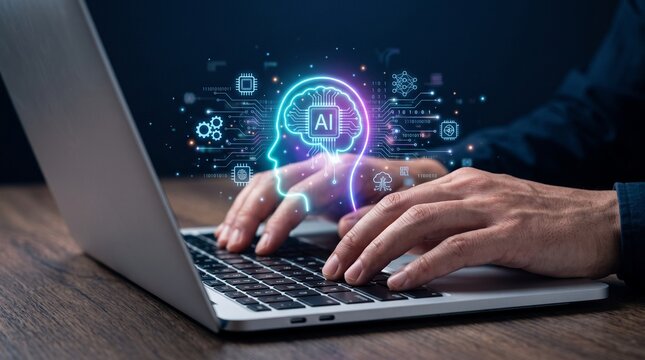 IT Person typing on laptop AI for software development and automation. Artificial intelligence generates code, detects bugs, optimizes workflow, and supports application building
