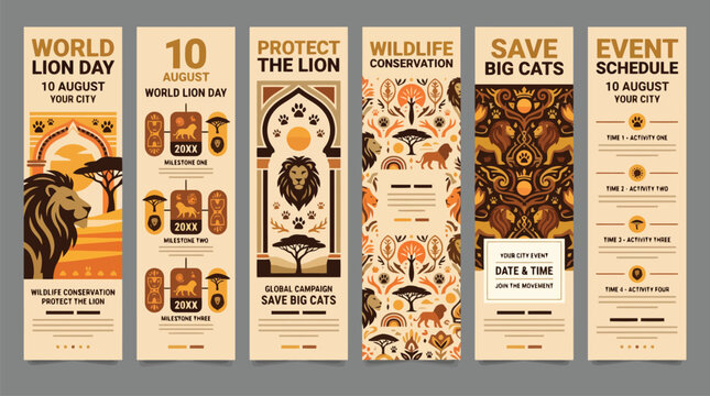 World Lion Day banner set, wildlife conservation vertical posters for 10 August event, save big cats campaign templates with African safari illustrations