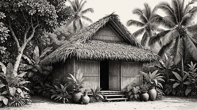 Monochrome illustration of traditional bamboo hut with thatched roof in jungle. Tropical palm trees, exotic plants surround rustic wooden house. Detailed hand drawn art creates calm peaceful garden