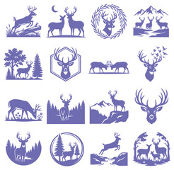 Fototapeta premium Set of wild deer silhouettes in various forest landscapes for outdoor nature adventure brand logos