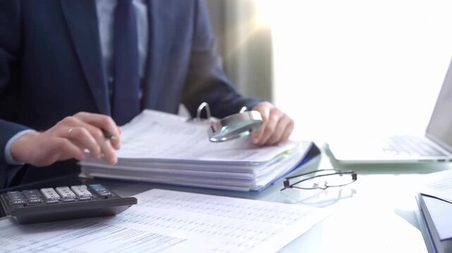Businessman reviewing ring folder of financial documents with magnifying glass at desk in modern office. Audit and taxes in business