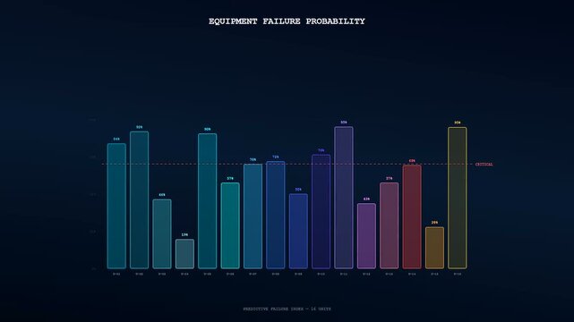 Predictive maintenance monitoring displays vibrant bar charts with shifting colorful data metrics rising across digital screens in a dark room environment showing complex analytical software output